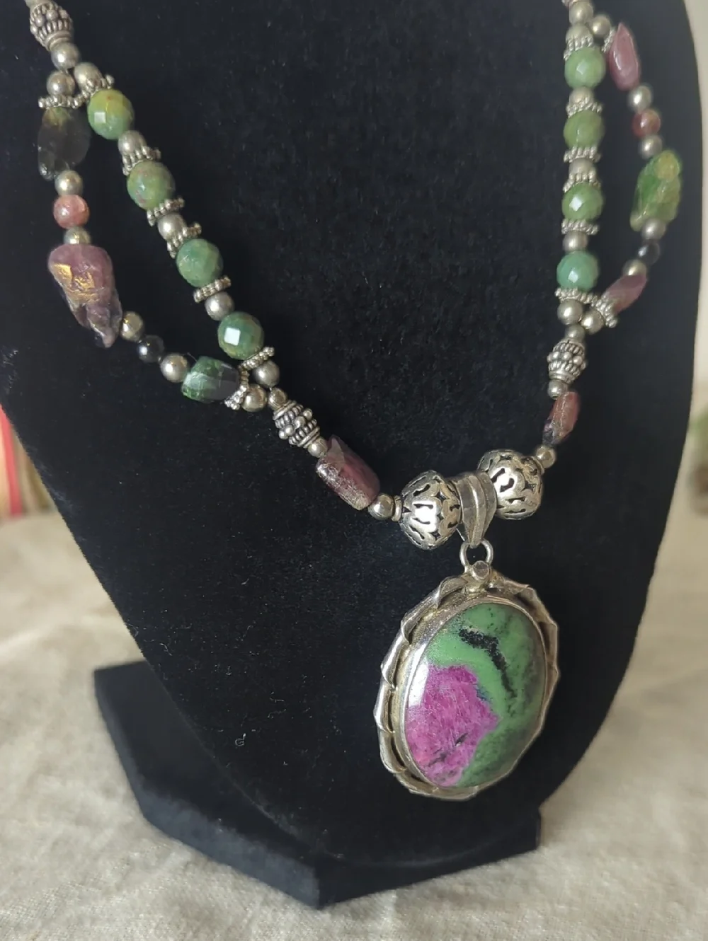 Sterling Silver Ruby Zoisite Statement Necklace, Artisan Gemstone Pendant